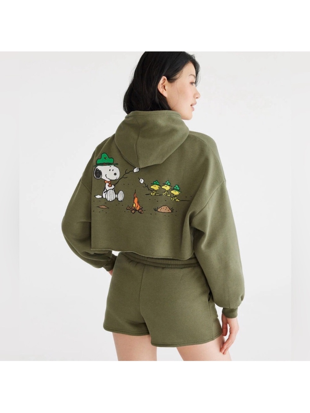 Olive Green Cropped Hoodie with Campfire Woodstock - Picture 6 of 8